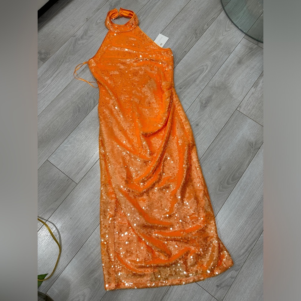 Caroline Constas orange midi sequin haltertop dress size XS